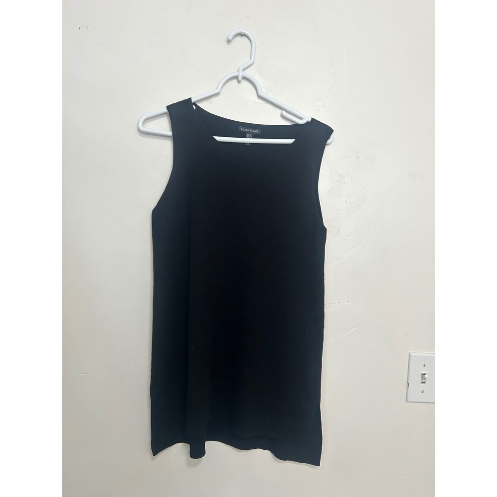 Eileen Fisher Black‎ Sleeveless Knit Tunic Top Italian Yarn Boat Neck Small S/P